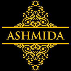 Gold decorative logo with 'ASHMIDA' text on a black background